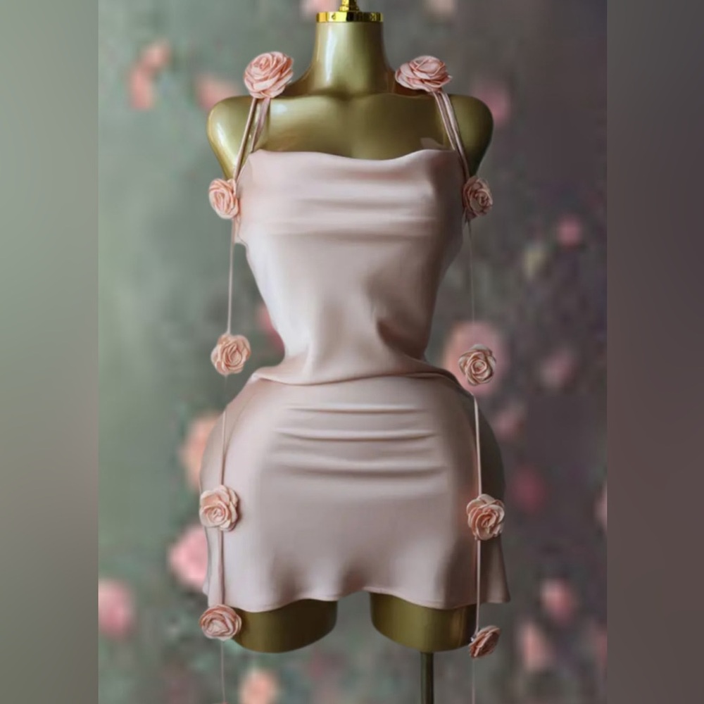 Delicate Rose-Embellished Pink Satin Slip Dress